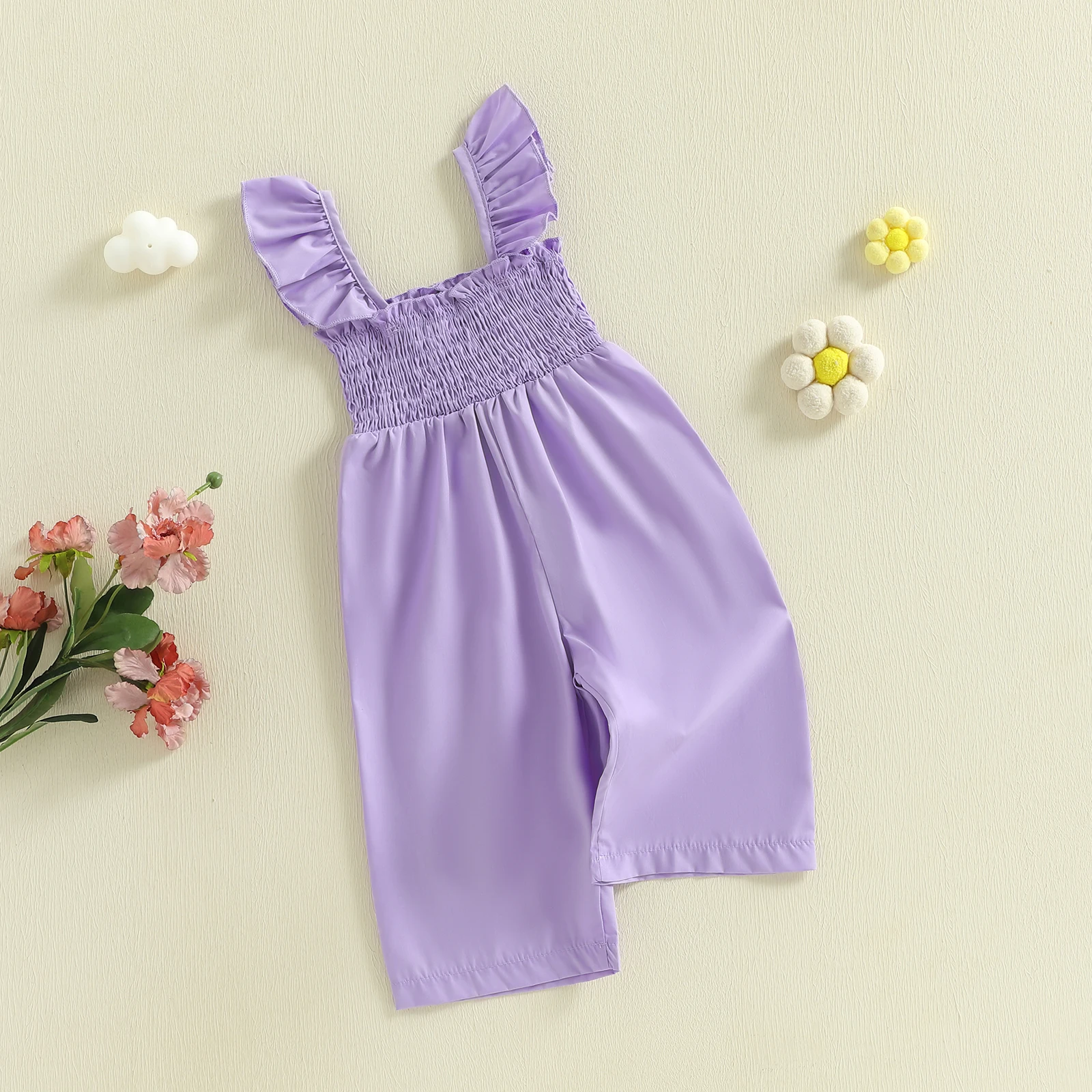Toddler Kids Baby Girls Summer Overalls Solid Color Flying Sleeve Smocked Waist Loose Jumpsuits Long Pants Overalls
