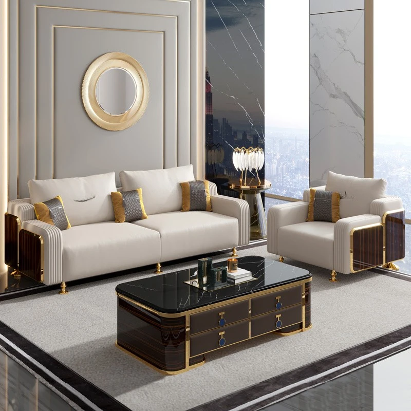 Custom Hong Kong-style light luxury leather sofa, cowhide simple luxury villa, high-end living room