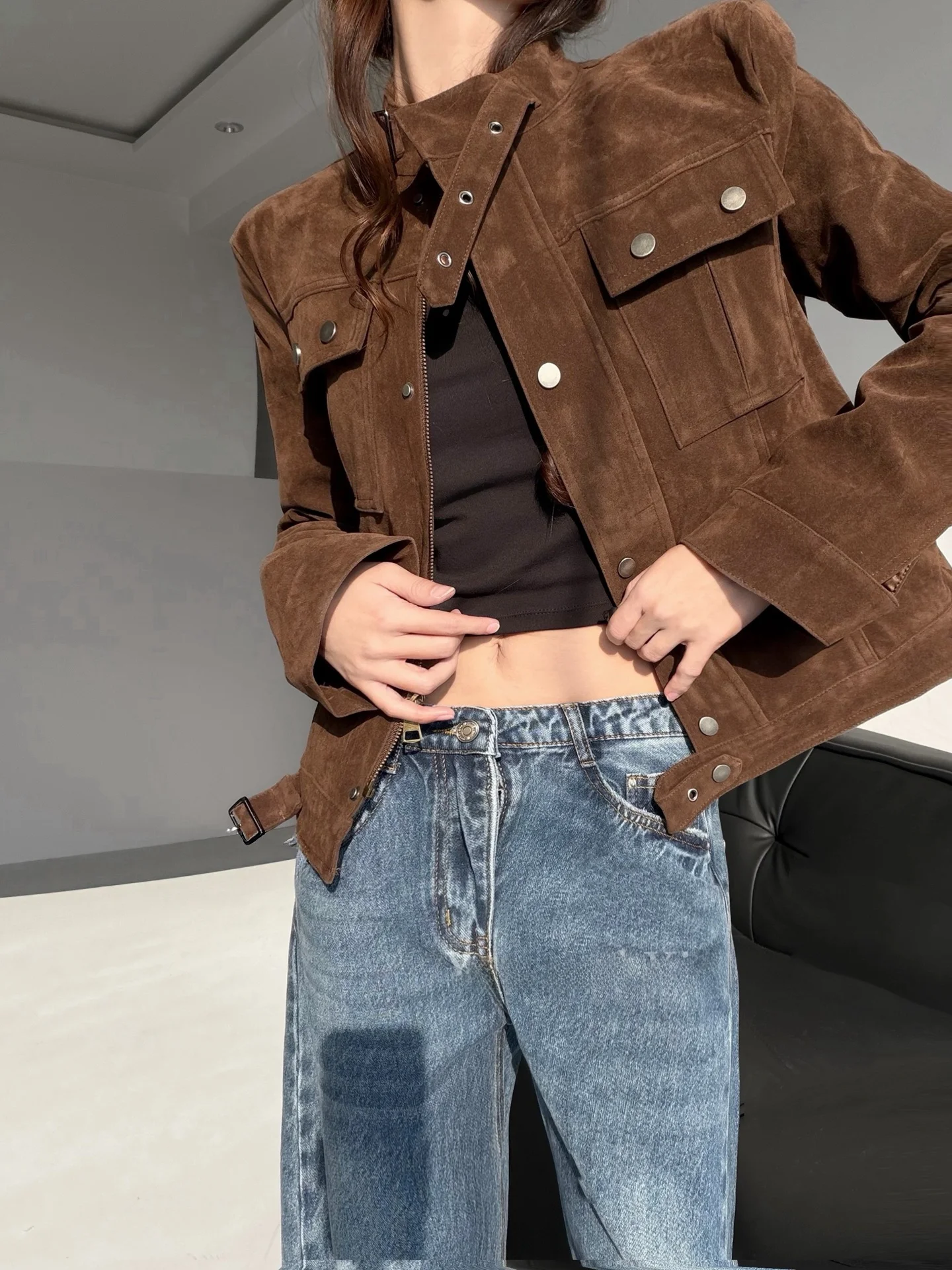 حار فتاة Sle الأمريكية الرجعية الجلد المدبوغ ort Jaet المرأة oulder طول السائق معطف زر إغلاق ort ملابس العمل الجلود J...