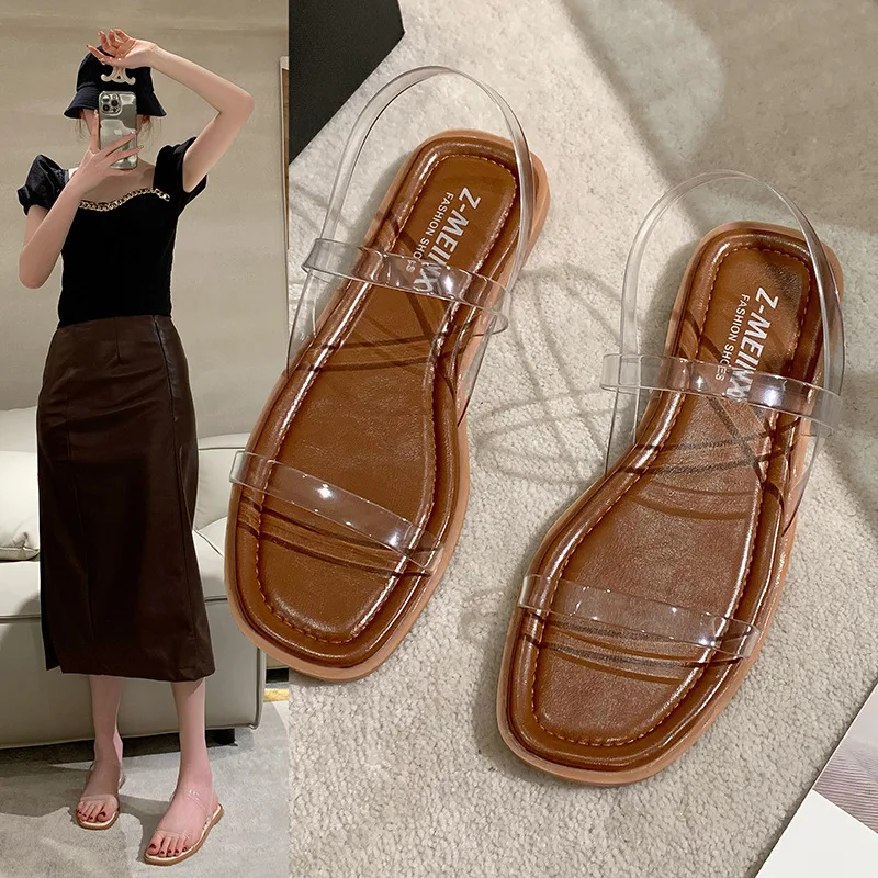 

Transparent flat sandals for women's outdoor wear 2025 summer new style fairy style soft soled beach women's shoes