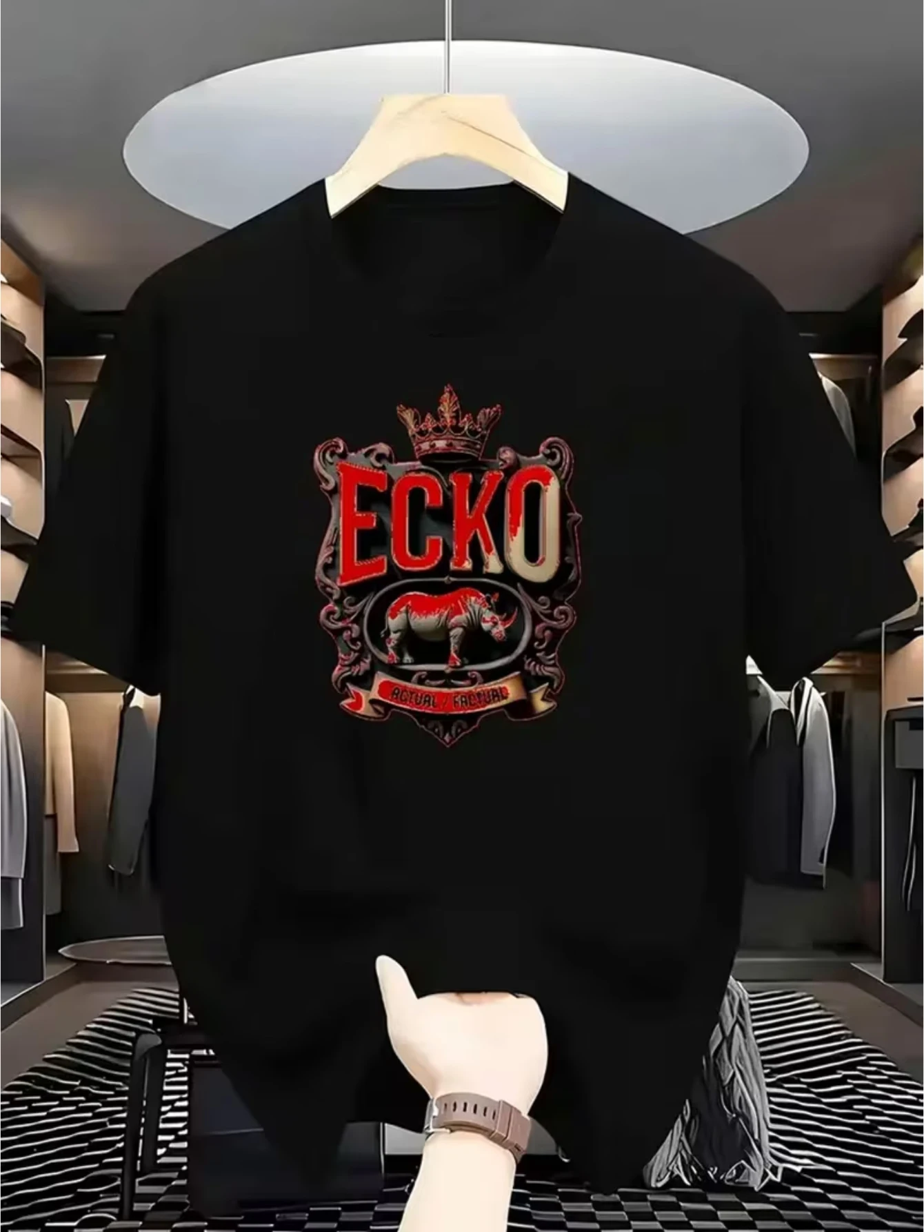 Plus-size T-shirt - Men'S ECKO Graphic 180g 100% Cotton T-Shirt - Bold Red & White Lettering with Rhino Crown Design, Black Streetwear Tee, Loose Fit Casual Shirt for Everyday & Special Occasions - Urban Fashion Apparel
