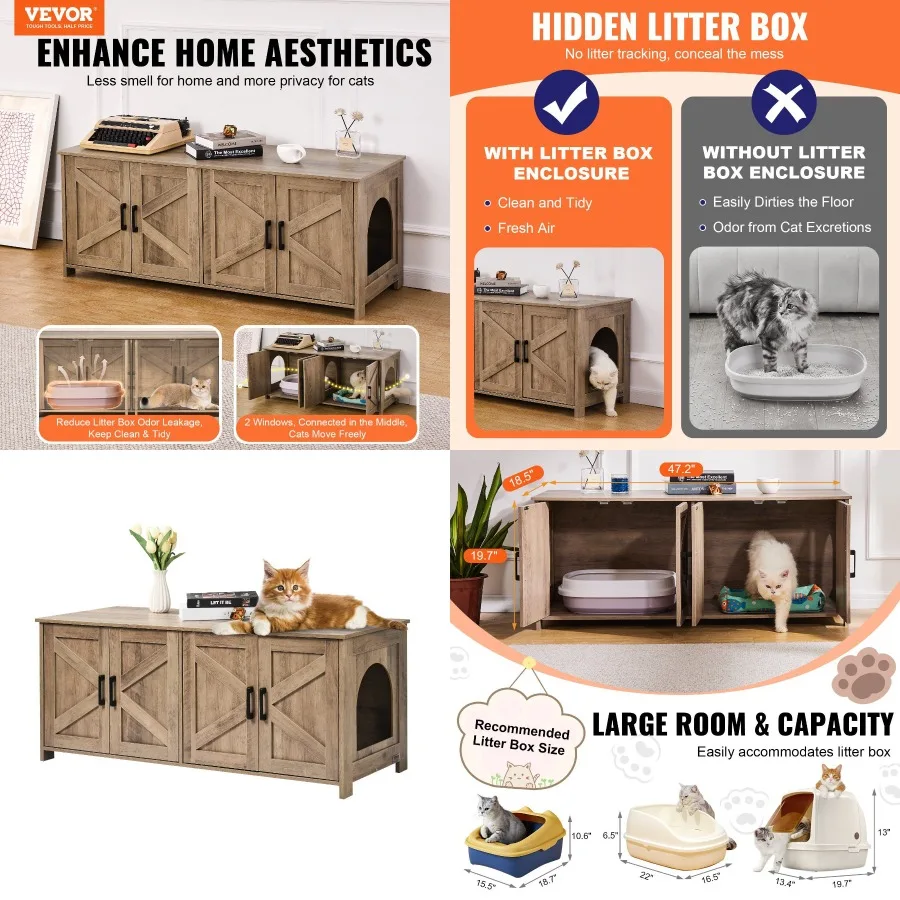 

Cat Litter Box Enclosure Wooden Litter Box Furniture Hidden 2 Rooms Greige