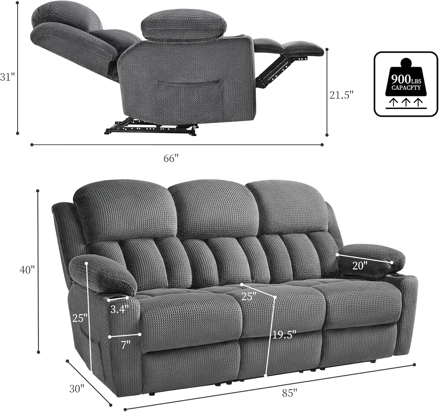 Recliner Couch,3 Seater Sofa Recliner with Cup Holders- 85 inch Comfy Couch with Dual Wingback Recliner, Grey Oversized Recliner