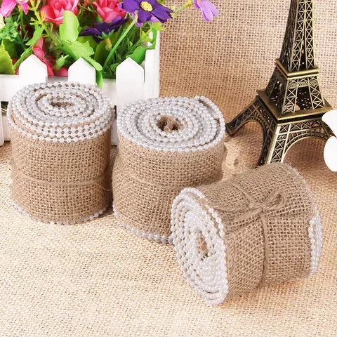 

Vintage 5cm Natural Burlap Hessian Ribbon with Bead for Wedding Party Decoration, Craft Lace Trim for AA7886