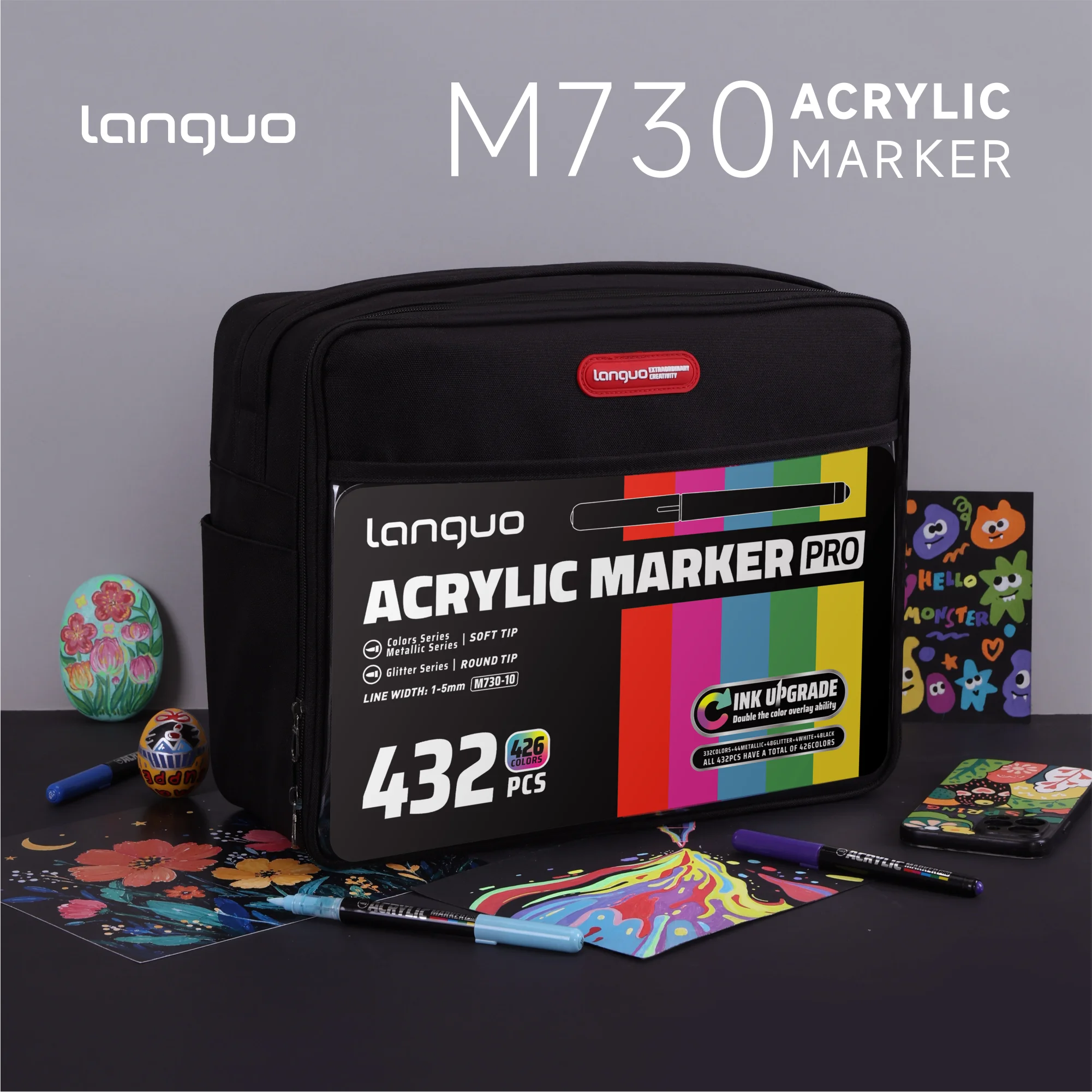 192-432 Colors Acrylic Marker Pens Languo Soft Brush Tip Water Based Art Markers with Zipper Bag for Rock Painting Glass Wood