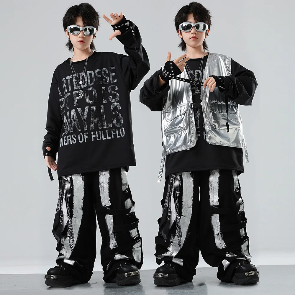 Children Boy Gilr Hip Hop Jazz Fashion Show Dance Performance Costume Clothes Silver Vest Baggy Pant T-shirt Sets Kids Tracksuit