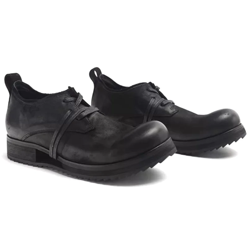 

Men's Vintage Distressed Leather Casual Shoes With Hollow-out Outsole Big Round Toe Thick-soled Derby Shoes Men Outdoor Shoes