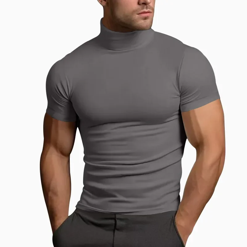 Summer solid color short-sleeved fashion bottoming shirt men\'s tight turtleneck T-shirt