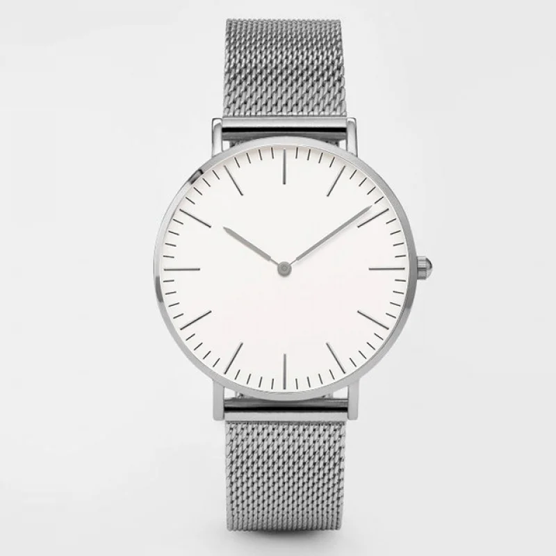 Reloj de cuarzo de dos pines para hombre y mujer, pulsera de aleación de acero, correa de malla, moda coreana, Comercio Exterior, escala Simple, borde