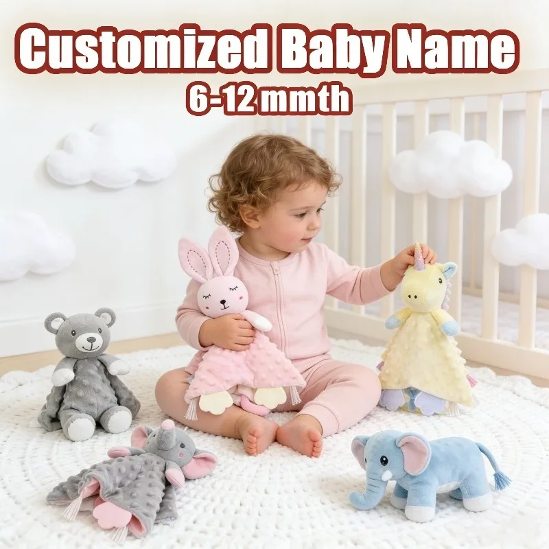 

Multi-Style Personalized Baby Bib Comfort Toy - Plush Animal Teething Ring Bibs, Custom Name Infant Drool Bibs for Newborns