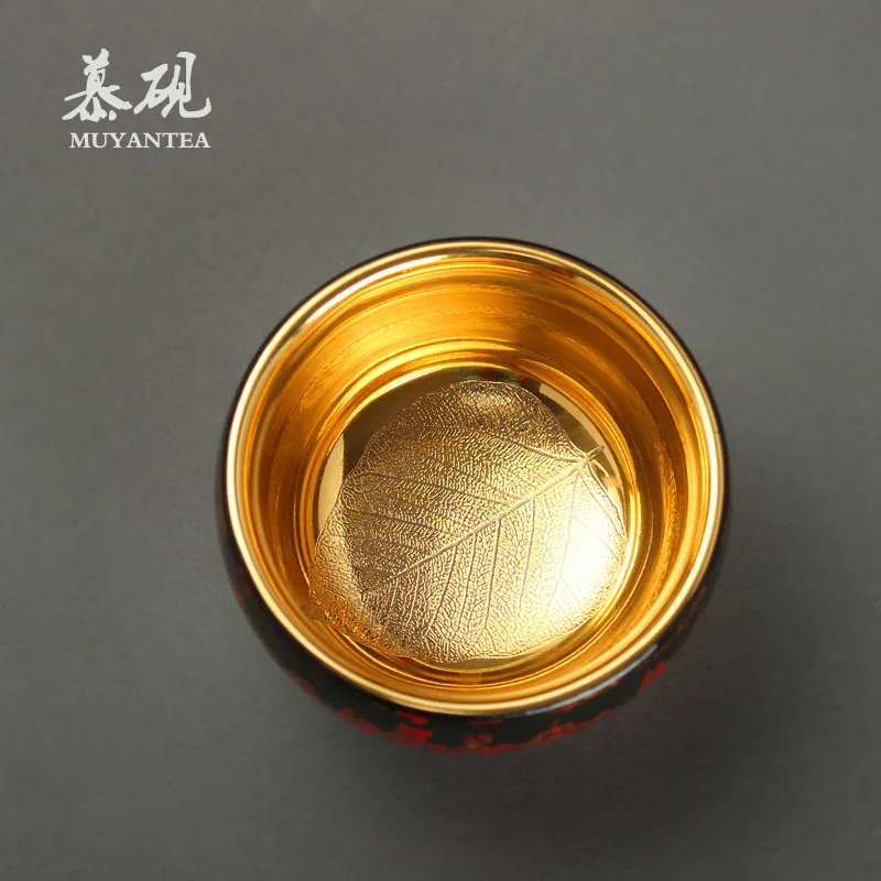 Mu Tao Lacquerware Master Cup, Handcrafted By Wang Shun, 24K Gold Leaf Ceramic Kung Fu Tea Set Master Cup, Yuhuo Bodhi Cup