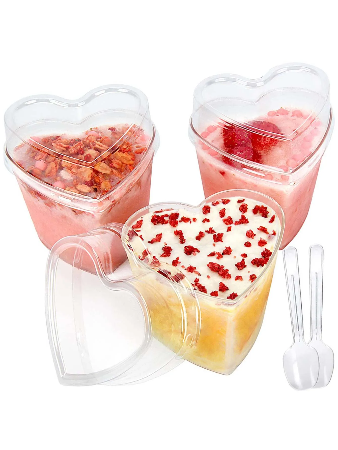 10 Uds. Tazas de postre de aperitivo de plástico en forma de corazón, tazas de postre, tazas de mousse, tazas de pudín de avena de madera desechables, taza de fiesta