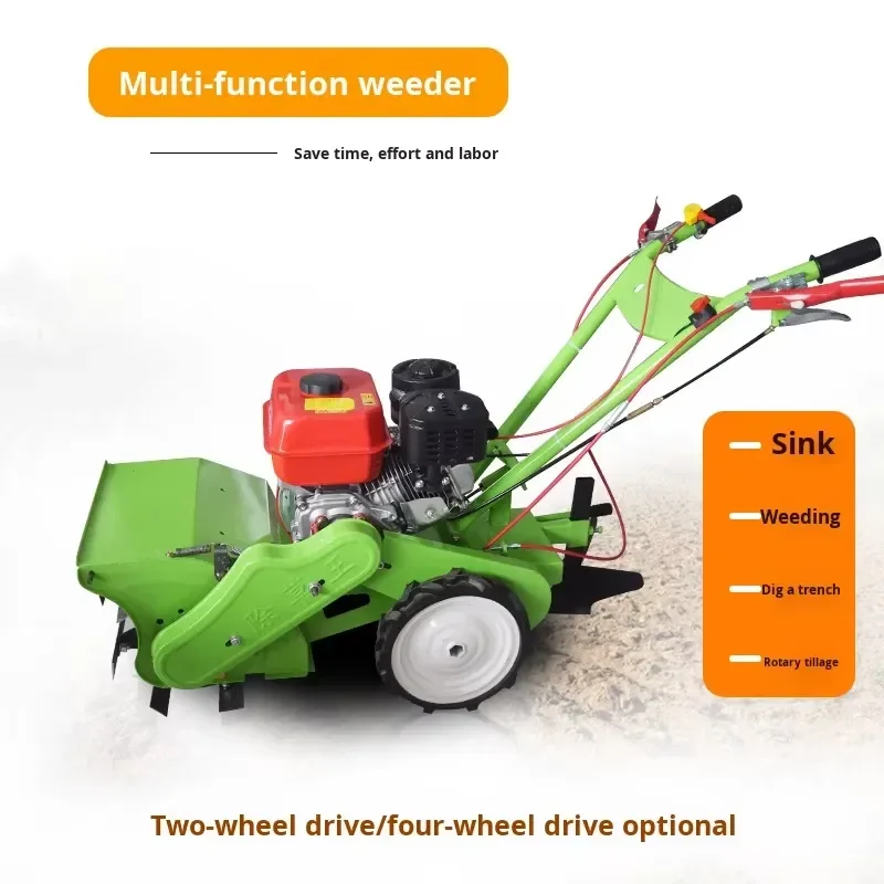 Small Multifunctional Weeder Rotary Tiller Soil Loosener Cultivator Trenching Machine Grass Shredder Agricultural Four-Wheel