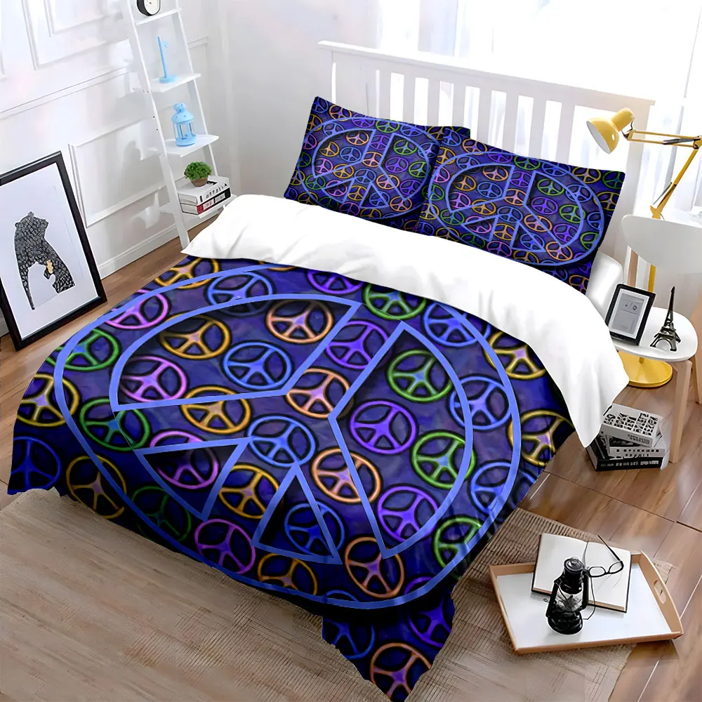 Colorful Peace Sign Set Decor Bedding Set with 1 Duvet Cover 2 Pillowcases Single Double King Queen, Gift