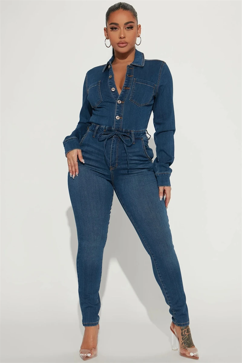 Streetwear Jean Jumpsuits Women Autumn Y2K Clothing Turn Down Collar Boadycon Denim Rompers Playsuits One Piece Overalls Outfits