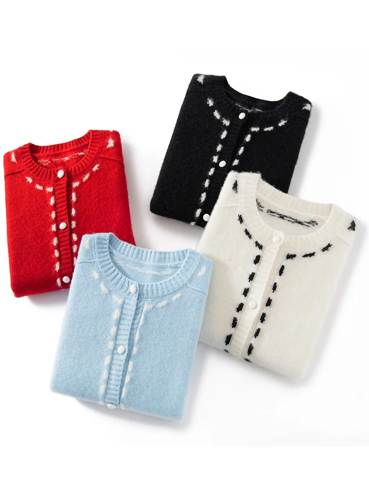 

ADDONEE женский 100% кашемировый вязаный кардиган с круглым вырезом, пальто, осень-зима, жаккардовый кашемировый трикотаж, женская одежда, топы