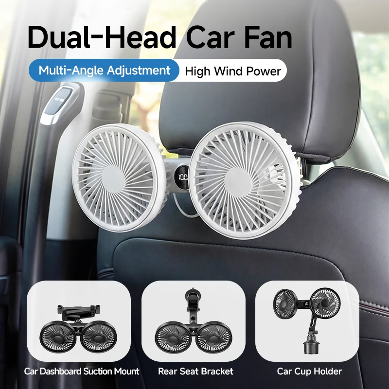 New Model Dual-Head Car Fan USB-Powered Rear Seat Fan with Multi-Angle High-Powered Mount and Rechargeable Battery
