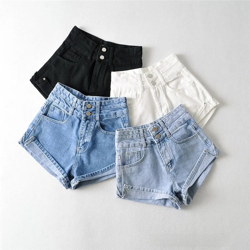 Hohe Taille, weites Bein, Ort-Jeans, Damen, Sommer, neue Ärmel, lockere Passform, zwei Knöpfe, Hotpants, lange Legging-Effekt, lässige Denim-Its