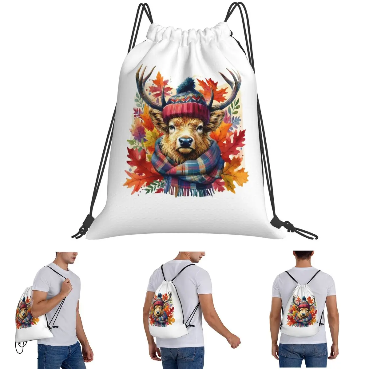 Scottish Highland Stag Fall Season Autumn Leaves Backpacks Multi-function Drawstring Bags Storage Bag Book Bags for Man Woman