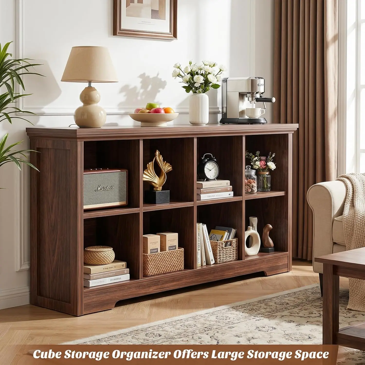 Wooden 8-Cube Storage Organizer with Charging Ports, 3-Tier Open Cubbies Shelf for Home & Office, Black Walnut, Customized