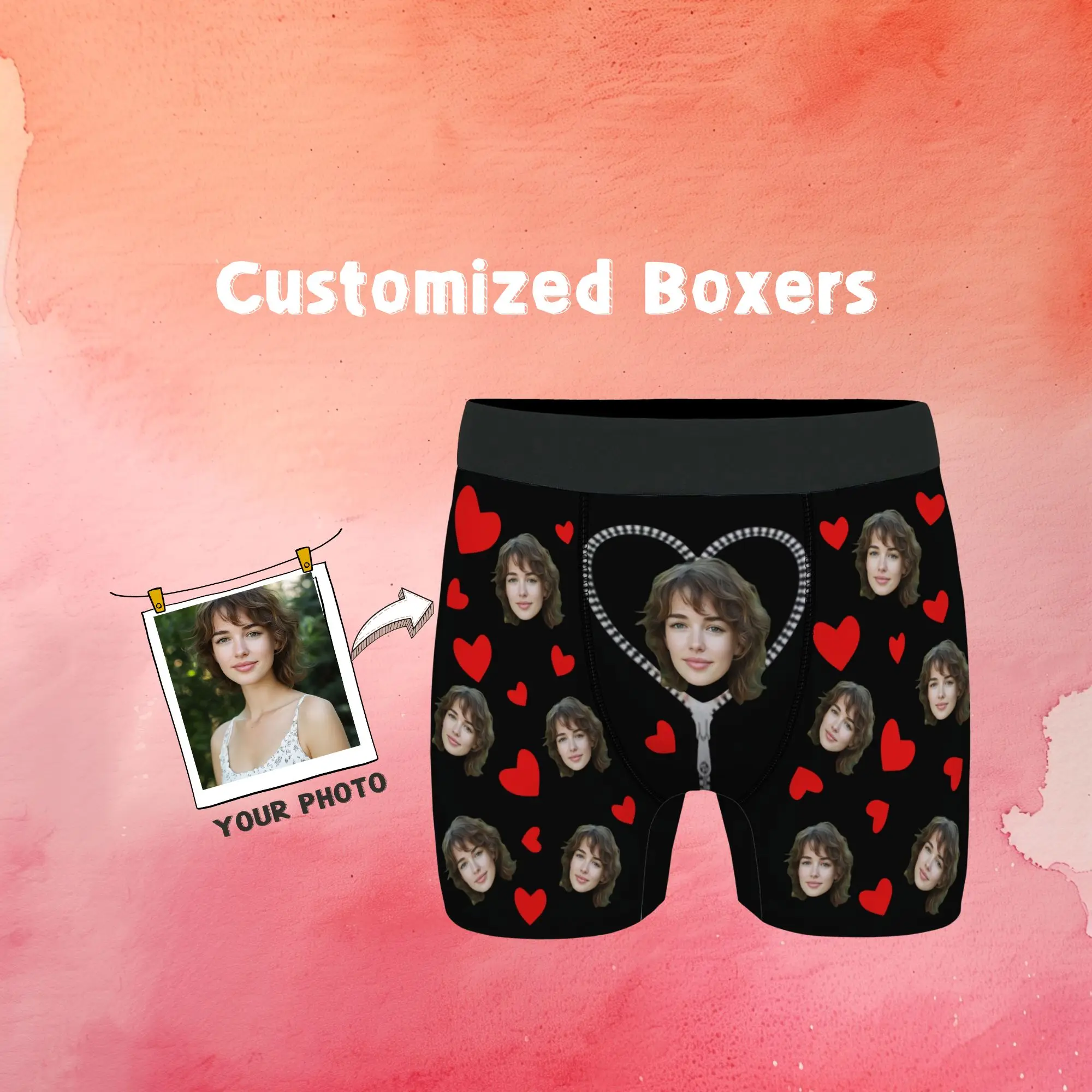 

zipper Custom Face Men Boxer Briefs Portrait Pattern for Valentine Day Anniversary daily Wear Unique Gift with Heart Designs