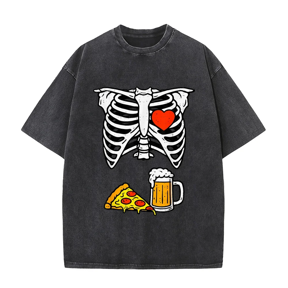 Father's Day T-Shirt Funny Dad Skeleton Beer Pizza Halloween Costume Mens Vintage Shirt Oversize Man Print Crew Neck Tee Summer