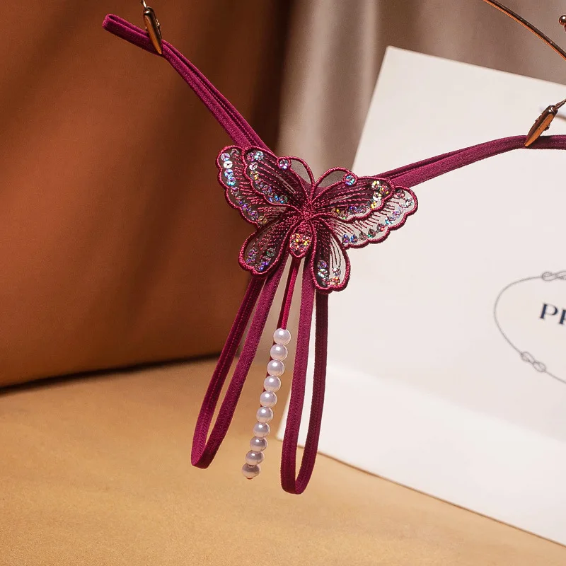 Sexy Transparent Temptation Thong Latin American Butterfly Sequin T-back Women's One Thread Bead Massage Open Crotch Underwear