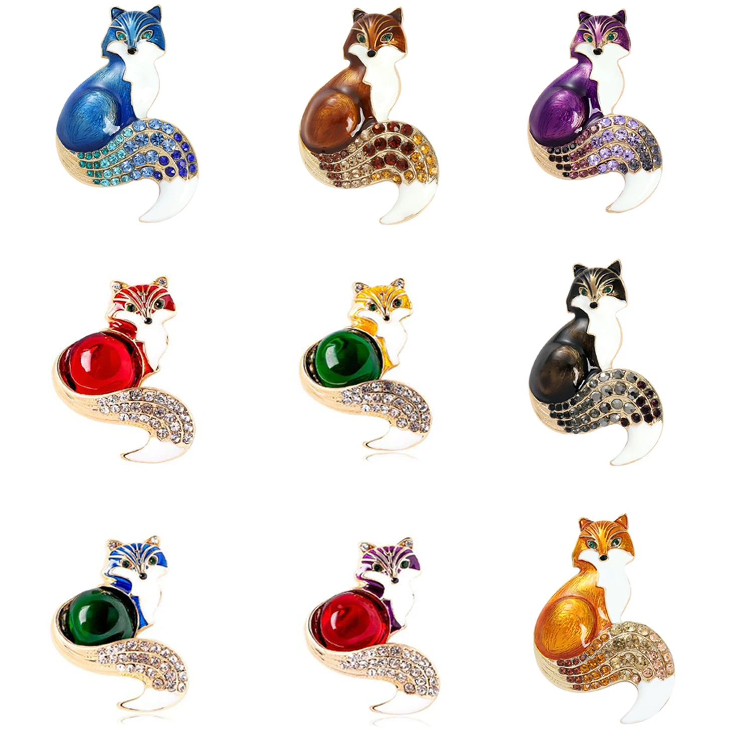 Rhinestone Animal Corsage Lapel Pin Scarf Bag Clothes Colorful Glaze Jewelry Gift for Women Friends Children 6Colors Fox Brooch-