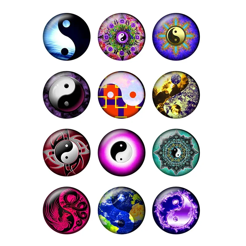 24pcs/lot Tai Chi Bagua Pattern 10mm 12mm 14mm 18mm 20mm 25mm Round Glass Cabochon Flatback Photo Jewelry Finding Making H202