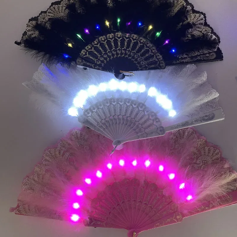 Light Up Glow Flower Lace Feather Fan Vintage Folding Handheld Fan for Costume Party Dance Wedding Show Tea Home Wall Decoration