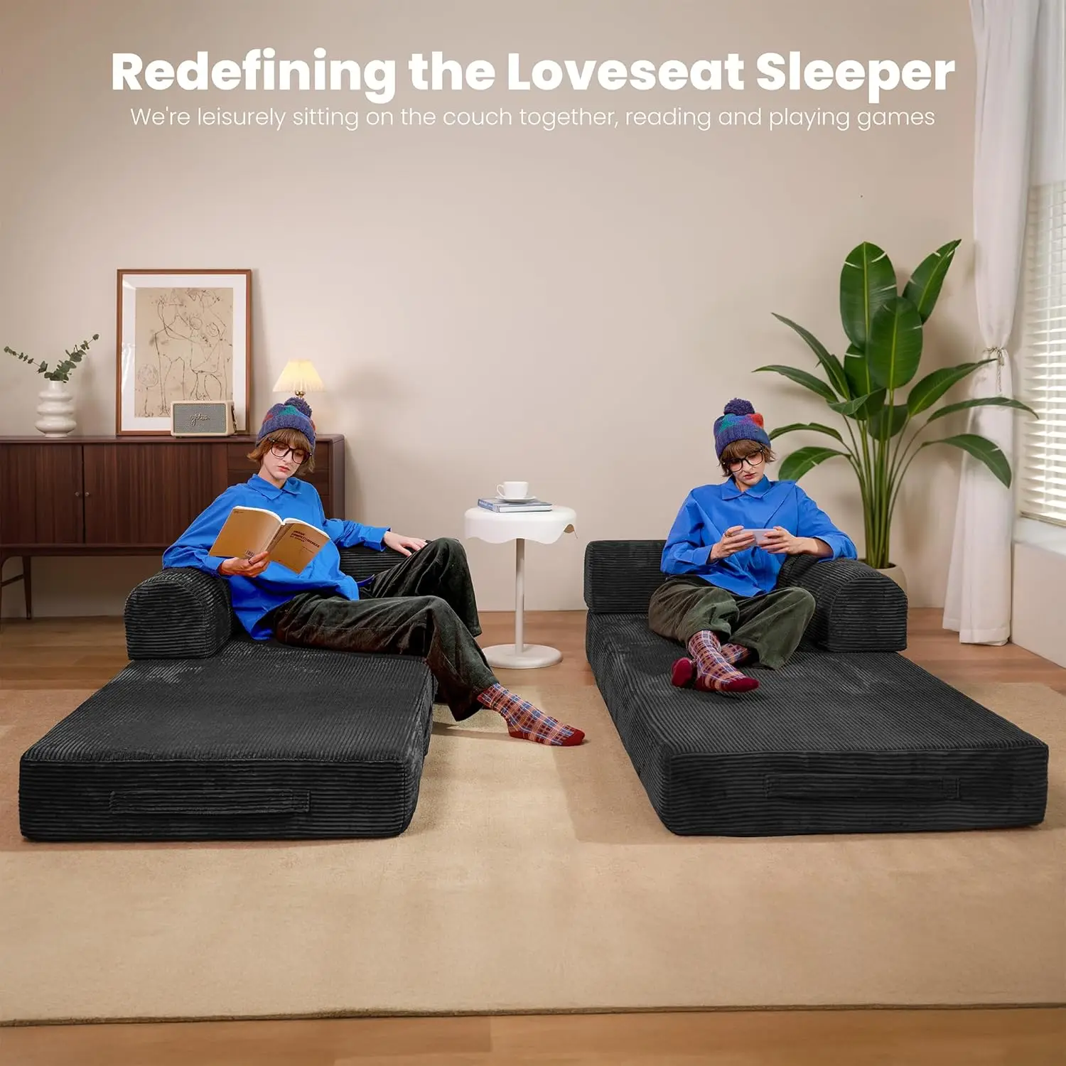 79" Convertible Sofa Bed, Boneless Corduroy Sleeper Foldable Modular Couch, Memory Foam Compressed Sofa in A Box, Folding Mattre