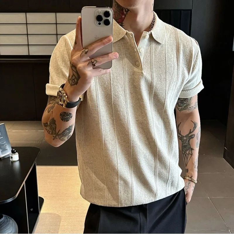 

Lyocell Linen Striped Knitted Polo Shirt for Men Summer Loose Lapel Business Casual T-shirt Social Street Wear Tops Men Clothing