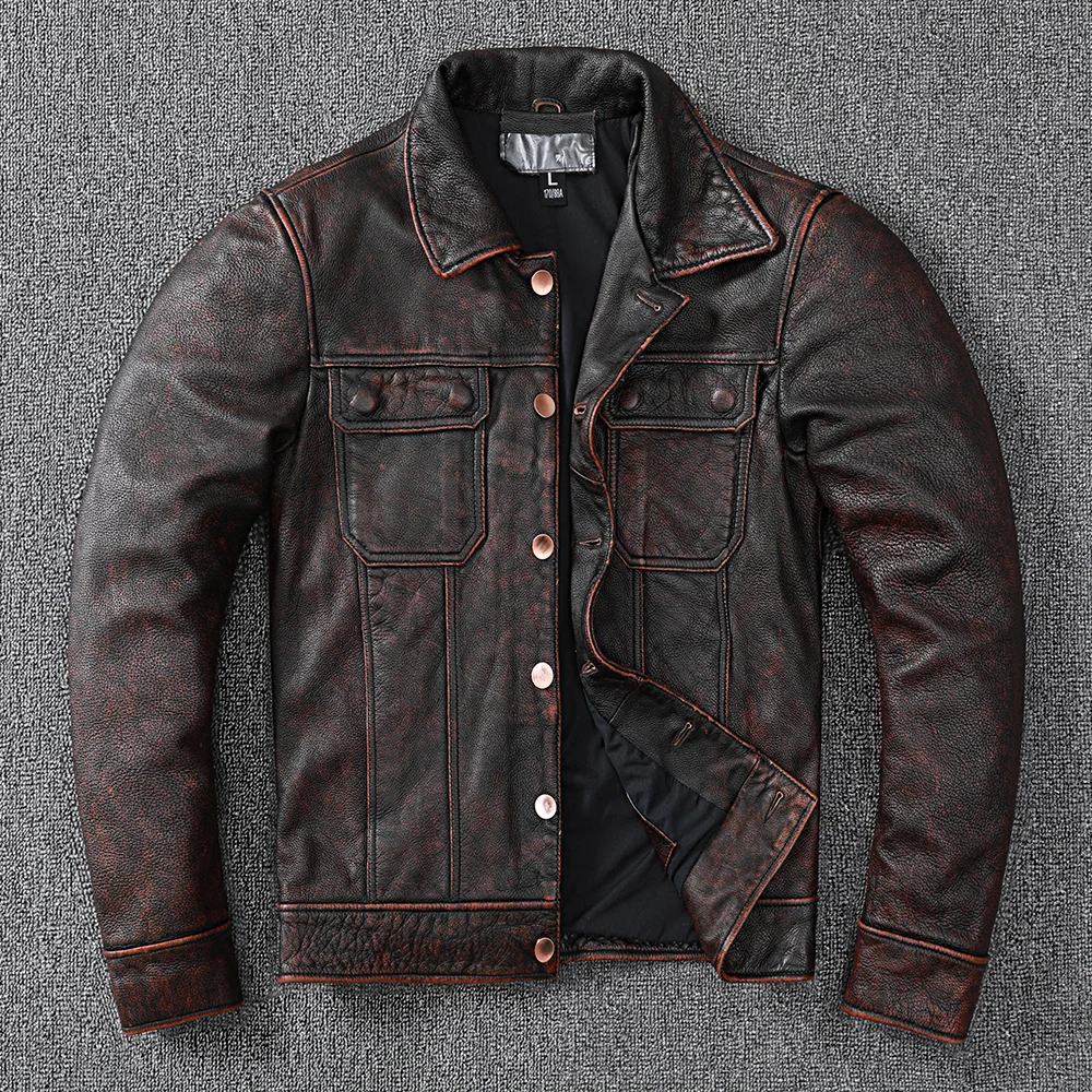 

New Vintage Brown Workwear Style Cowboy Genuine Leather Jacket Natural Cowhide Coat Men's Stone Mill Old Style Clothes