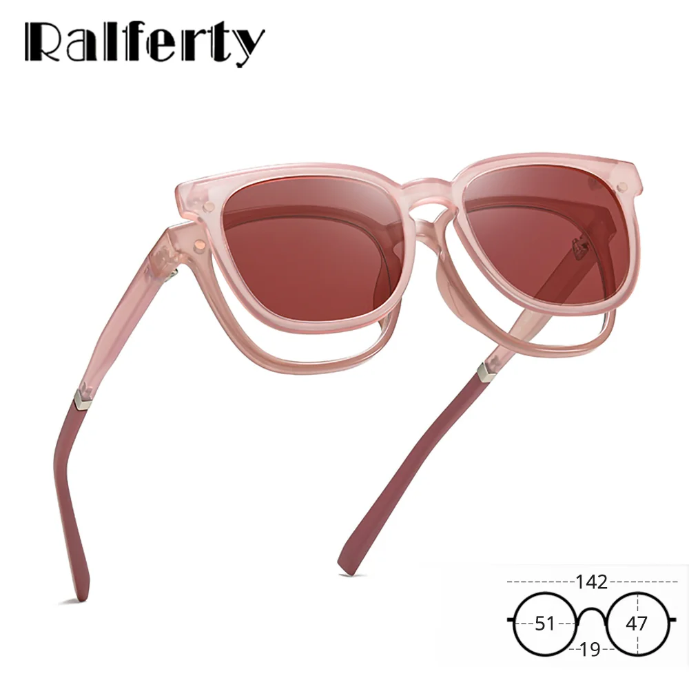 Ralferty 2 in 1 Magnetic Clip On Polarized Sunglasses Lady Retro Pink Shades For Women Fit Over Prescription Optical Glasses