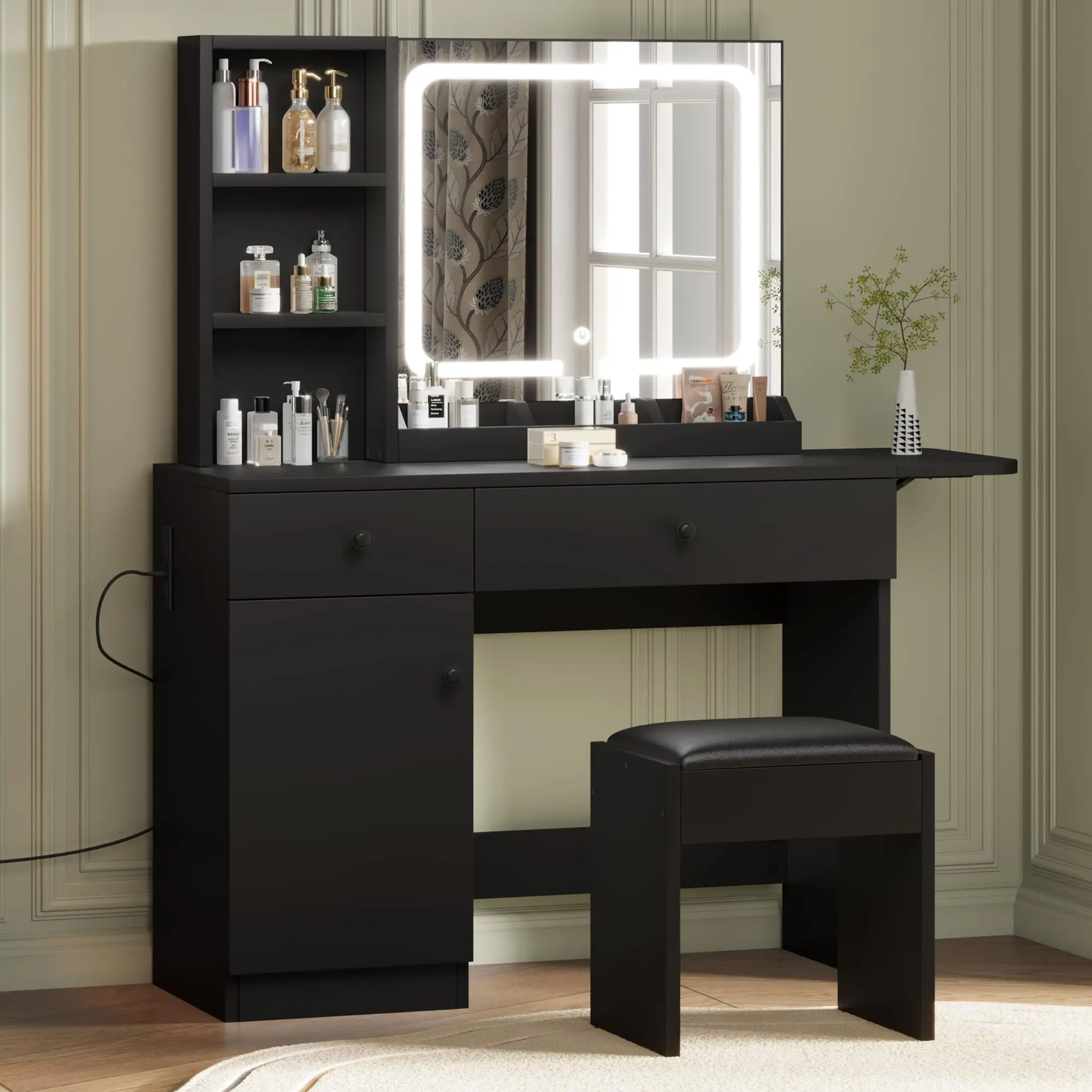 Makeup Vanity Desk Set with Mirror & LED Lights, 2 Drawer, Power Outlet, Stool, 3 Shelves, Cute Small Dressing Table for Bedroom, Dorm, Teen or Gift, Green/Black/Pink/Brown