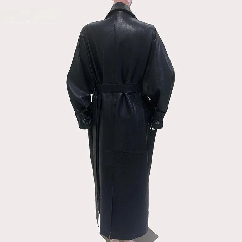 Nerazzurri Sle Women's Long Oversize Casual PU Leather Jaet oulder Length Loose Fit Autumn Faion Outerwear Coat