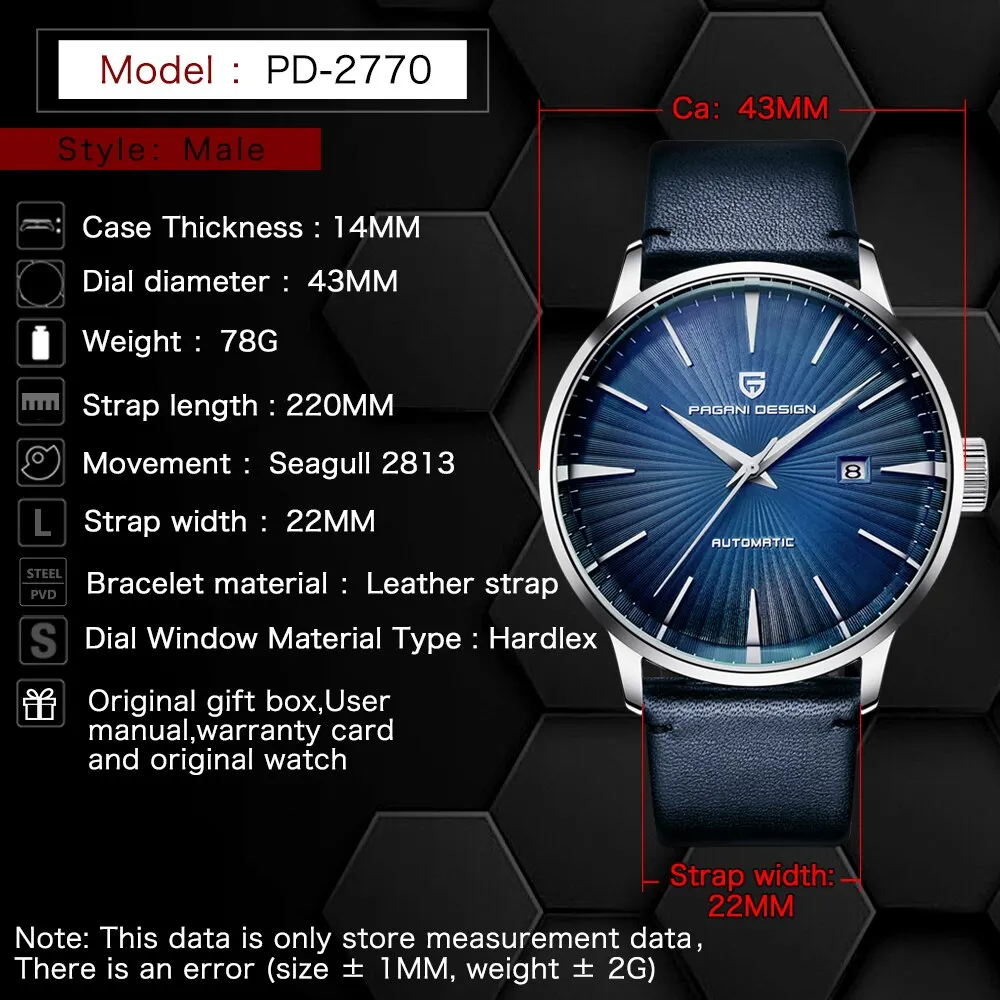 PAGANI Men Mechanical Watch Waterproof Genuine Leather Brand Luxury Automatic Business Male Wrist Watch Sport Relogio Masculino