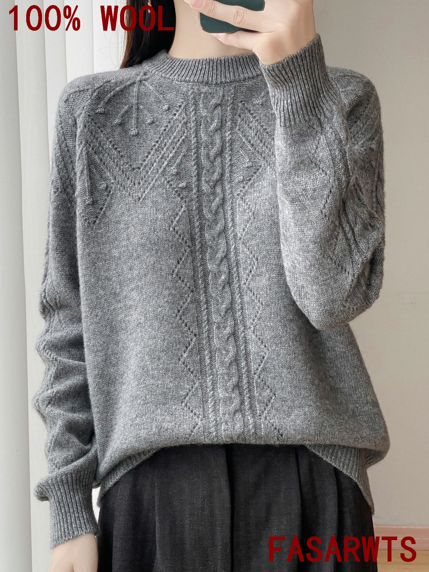 절묘한 여성 스웨터 100% 호주 양모 스웨터 플러스 사이즈 니트 자카드 속이 빈 패션 ONeck 풀오버 가을 겨울 탑
