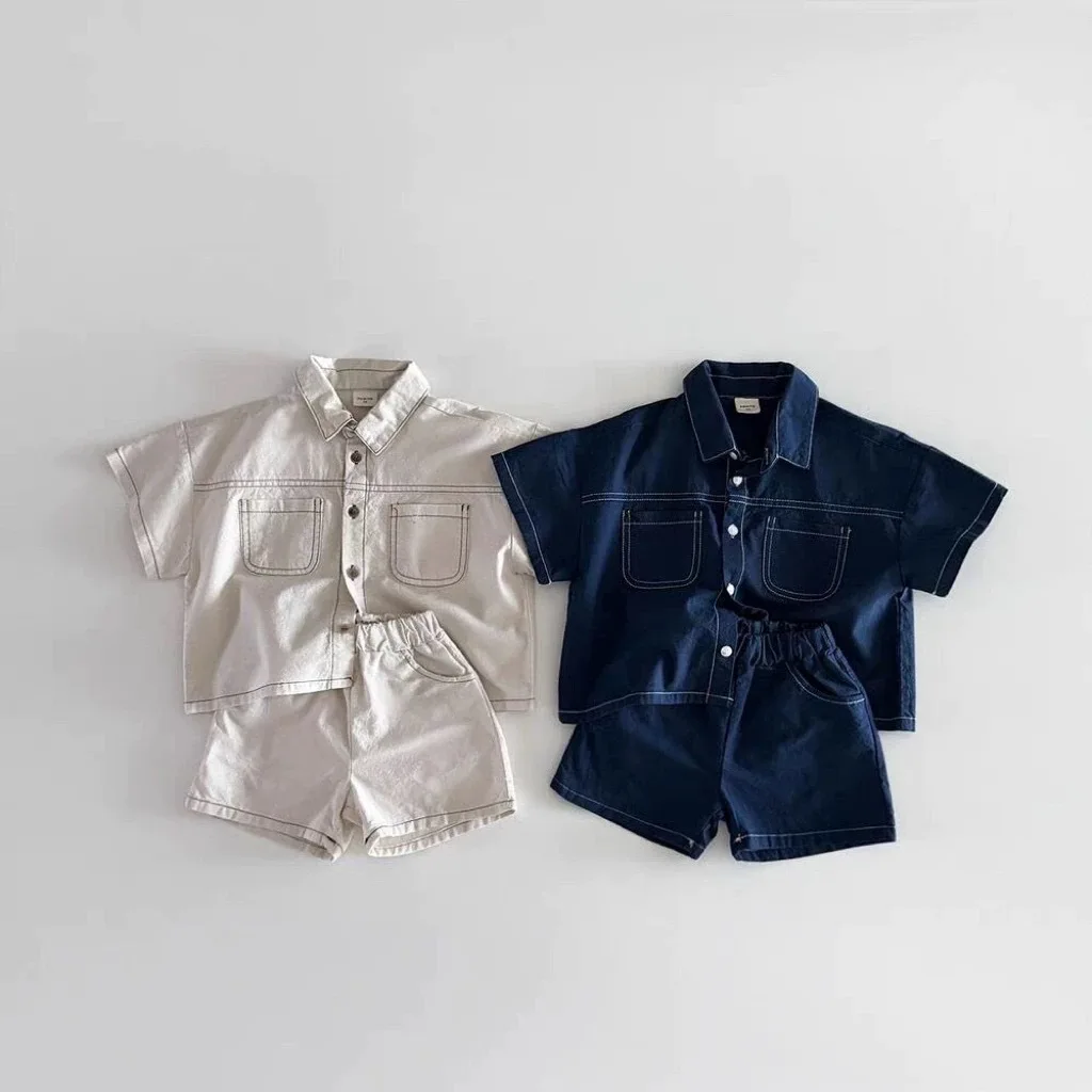 Short-sleeved Denim Pocket Shirt Shorts Set Korean Loose Casual Solid Boys Grils Children Summer New Fashionable Comfortable