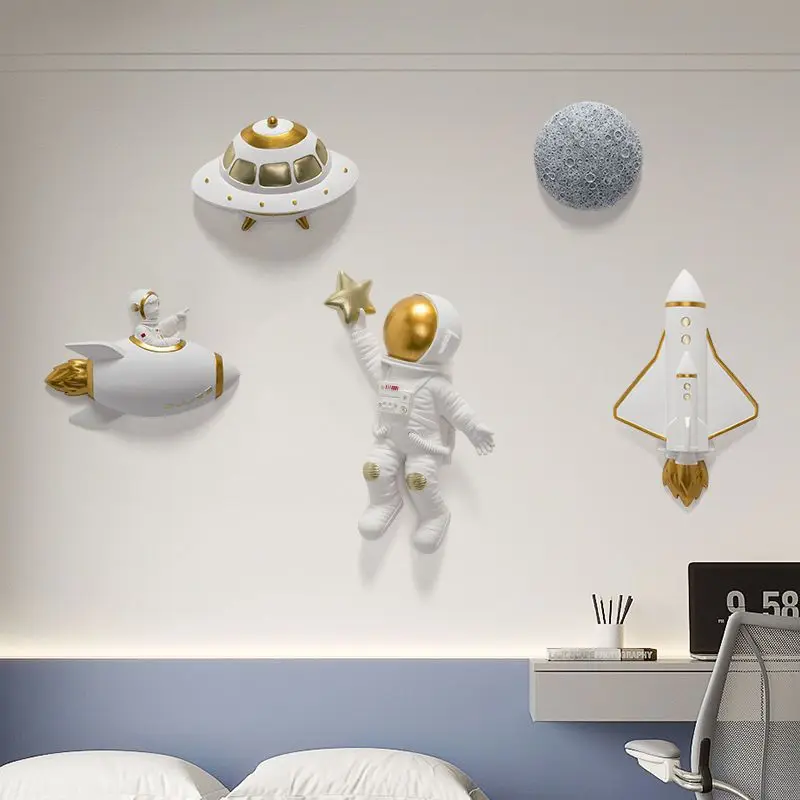 Star Astronaut Rocket Spaceship Accessories UFO Aircraft Resin Wall Decoration Children's Room Space Astronaut Wall Murals Items