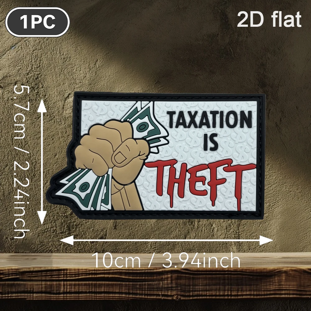 Taxation Is Theft Fist-Shaped Rectangular Badge 2D Flat Pvc Material Velcro Patch Free Backing Optional Specifications 1Pc2Pcs3Pcs Layered 3D Embossed Edge Durable Decoration Accessory for Functional Jackets