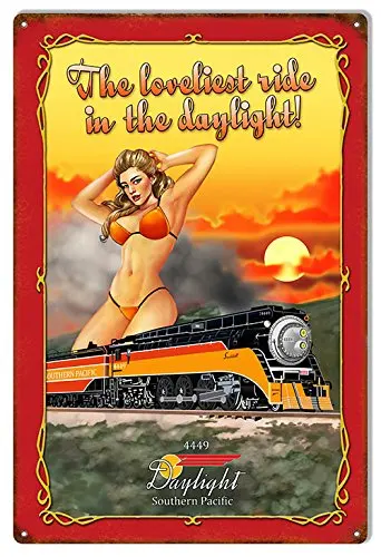 Victory Vintage Signs Reproduction Loveliest Ride Daylight Railroad Pin Up Girl Metal Sign 12x18
