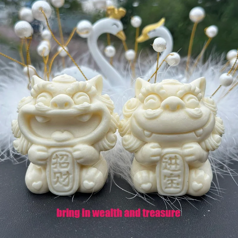 Cartoon Gathering Wealth Lion Animal Figurine Hand-carved Chinese mascot Home Room Car Office Feng Shui Gift Statue 2 PCS