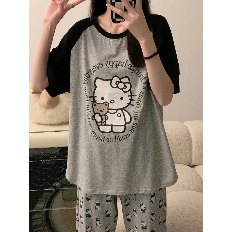 Sanrio Grey Hello Kitty Sleeper Pants for Summer Casual Wear Loose Spring and Autumn Long Home Pants