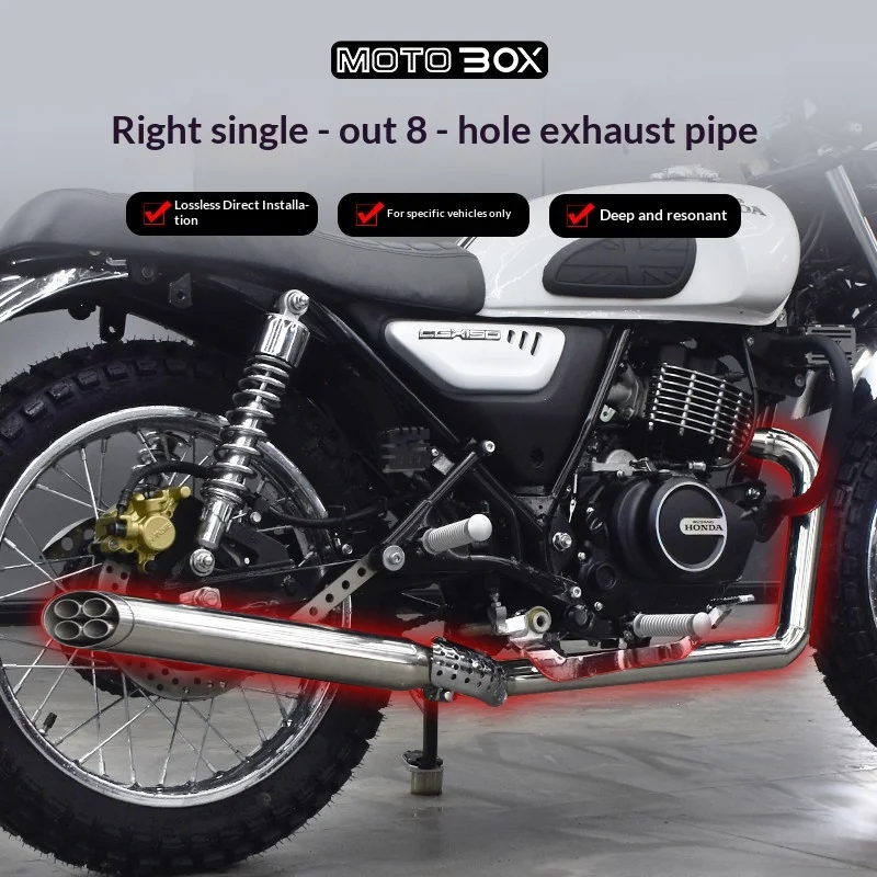 【Premium】For Honda CGX150 modified with a right-side single-eight-hole exhaust pipe, delivering a vintage, deep, and rich sound