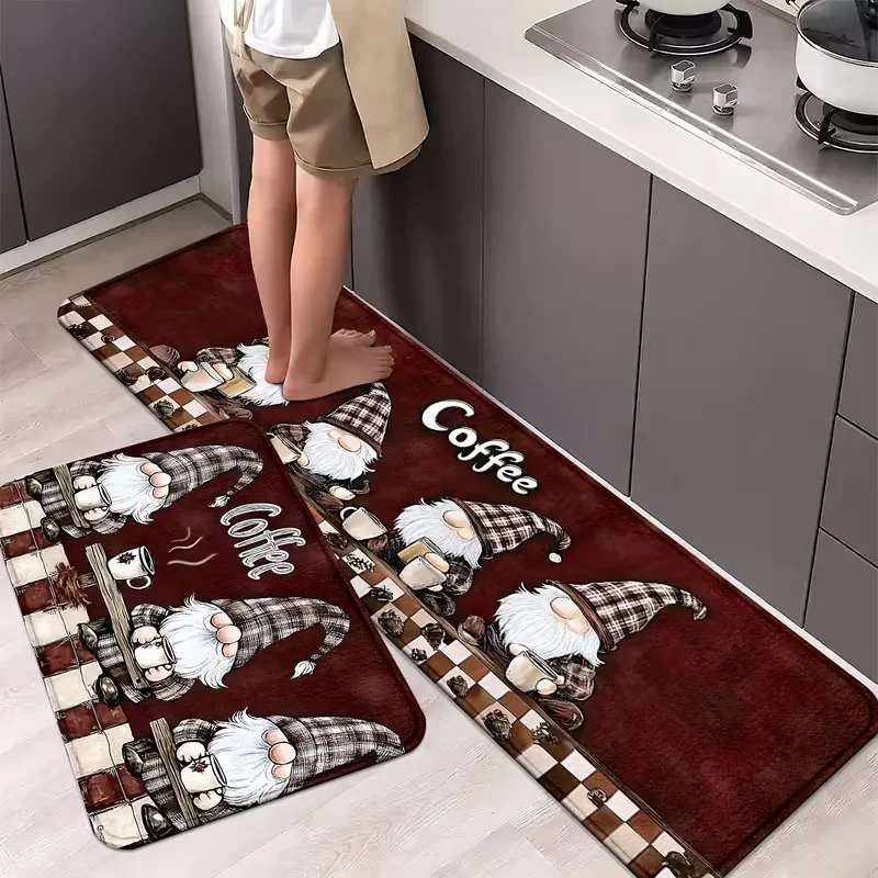 Gnome Kitchen Mat, Non-Slip Washable Polyester Knit Rug, Machine Made Home Decor Coffee Design, Dark Red Background