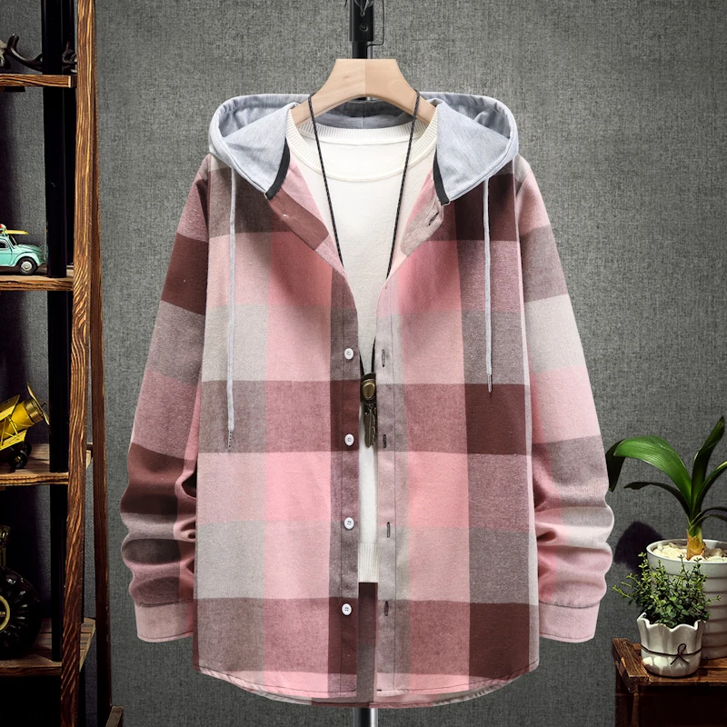 Hip Hop Hooded Shirts Men Loose Streetwear 2022 Vintage Plaid Printed Long Sleeve Checkered Shirt for Mens Hipster Blouse Tops