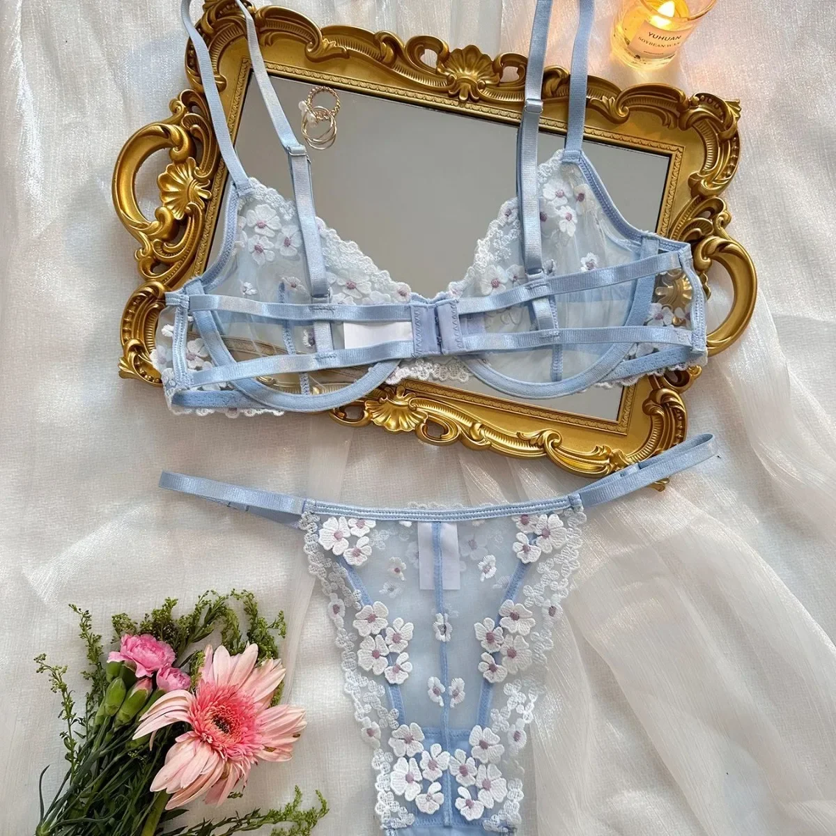 Outono novo estilo francês doce floral bordado lingerie conjunto feminino malha perspectiva confortável reunião sutiã briefs