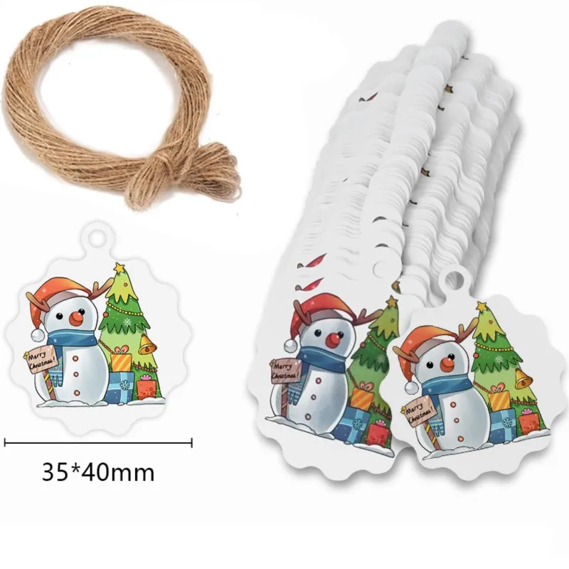 100Pcs Merry Christmas Gift Tags Santa Claus Snowman Xmas Tree Shape DIY Hang Tags with Rope New Year Party Gift Wrapping Labels
