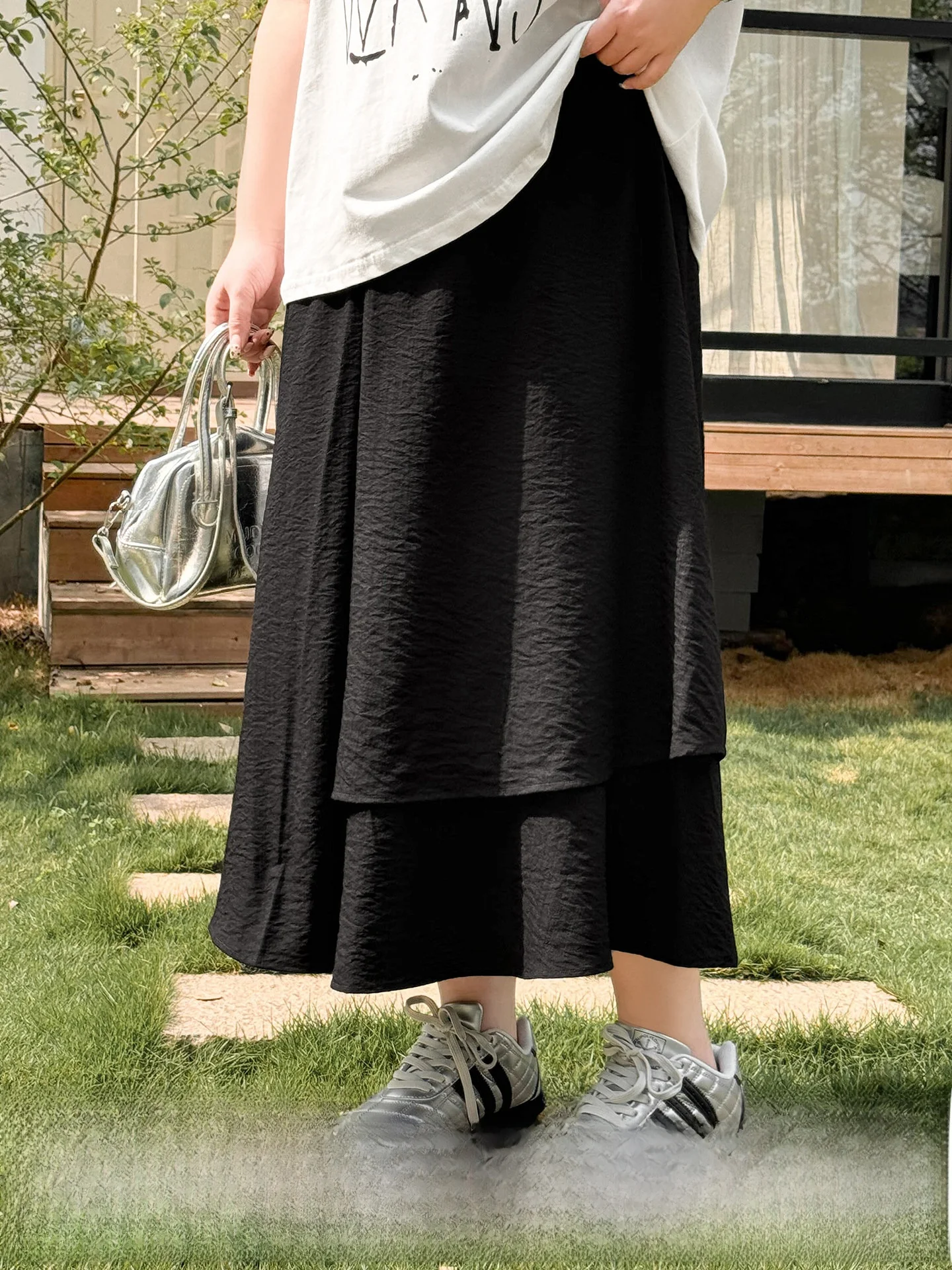 

plus Size Ice Silk Cloud Sensation Black Skirt High Waist Asymmetrical Loose Women's Summer Fashion Casual Skirts